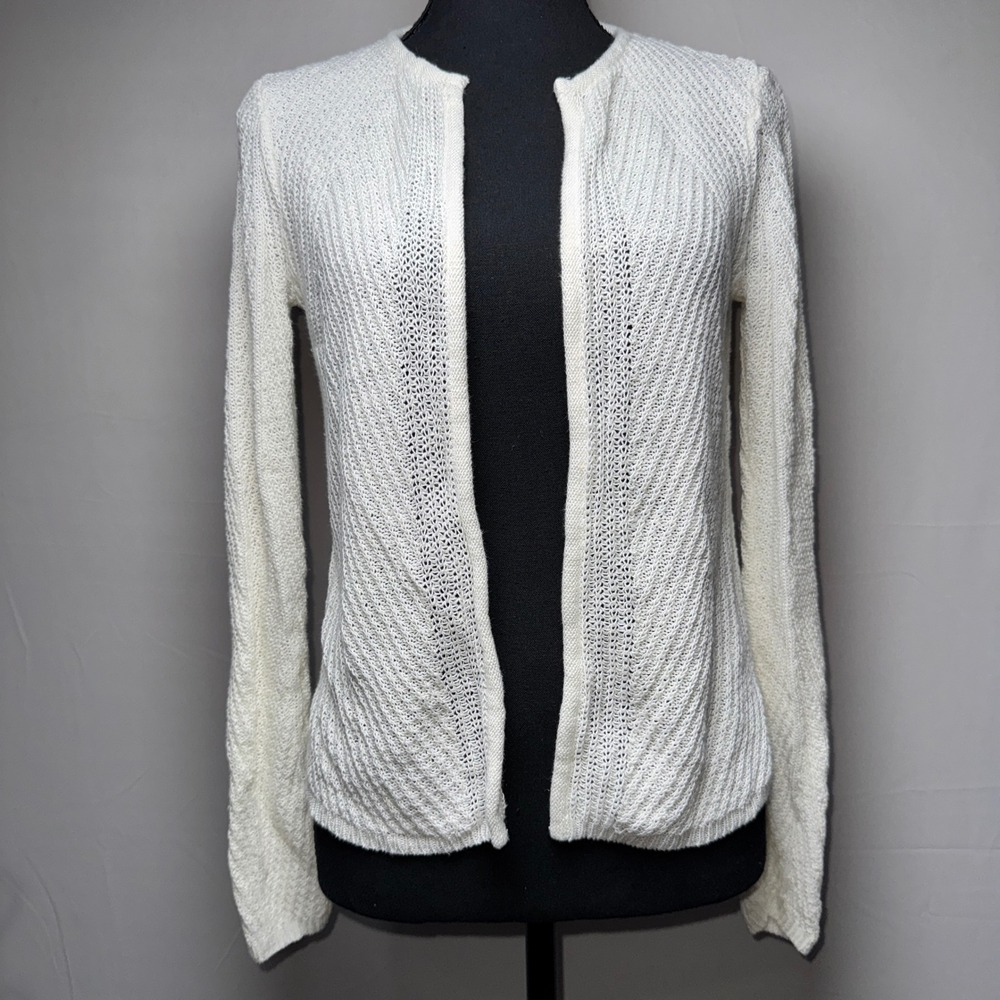 Lauren Ralph Lauren Cream Linen Blend Pointelle Open Front Cardigan Sweater Med